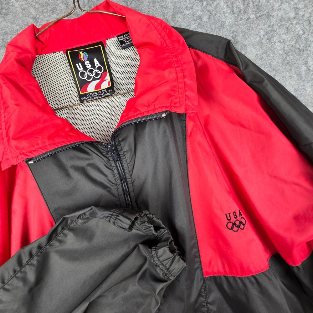 USA Olympics Windbreaker Men XL Tall Red Black Colorblock 90s Vented Jacket